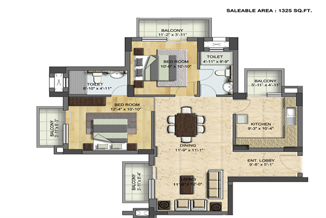 Floor Plan of 2 BHK (1325 sq.Ft.) in BPTP Grandeura Faridabad