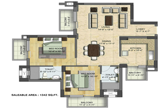 Floor Plan of 2 BHK (1342 Sq.Ft.) in BPTP Grandeura Faridabad