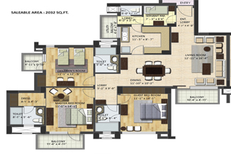 Floor Plan of 2+1 BHK (2032 Sq.Ft.) in BPTP Grandeura Faridabad