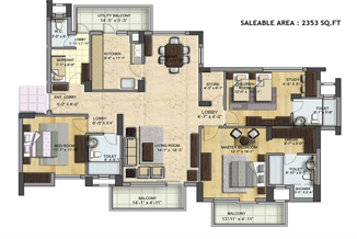 Floor Plan of 2+1 BHK (2353 Sq.Ft.) in BPTP Grandeura Faridabad