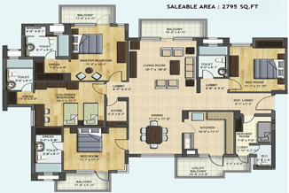 Floor Plan of 3+1 BHK in BPTP Grandeura Faridabad