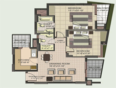 Floor Plan of 2+1 BHK of BPTP Princess Park Flats in Faridabad